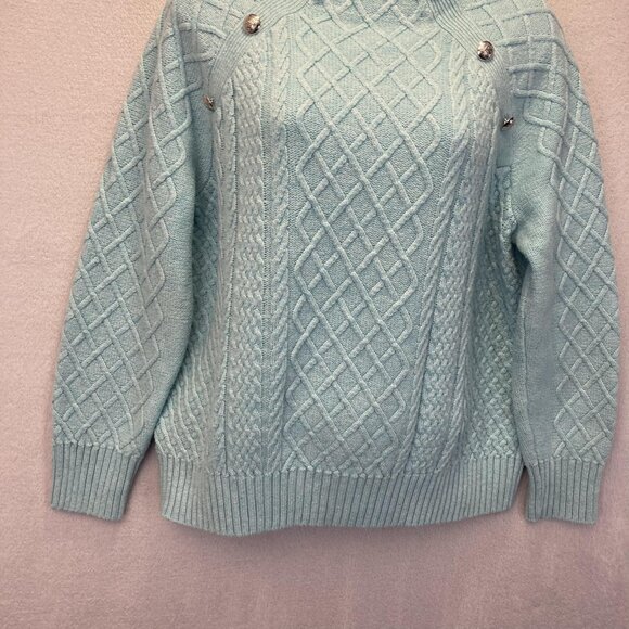 Talbots Cable Knit Sweater Womens Petite Large PL Aqua Blue Buttons Old Money - Picture 4 of 16